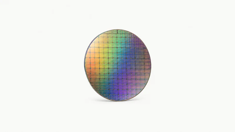 Isolated a silicon wafer disc with a mirrored surface centred on a seamless pale off-white studio background, generous empty margin on every side for overlaid branding