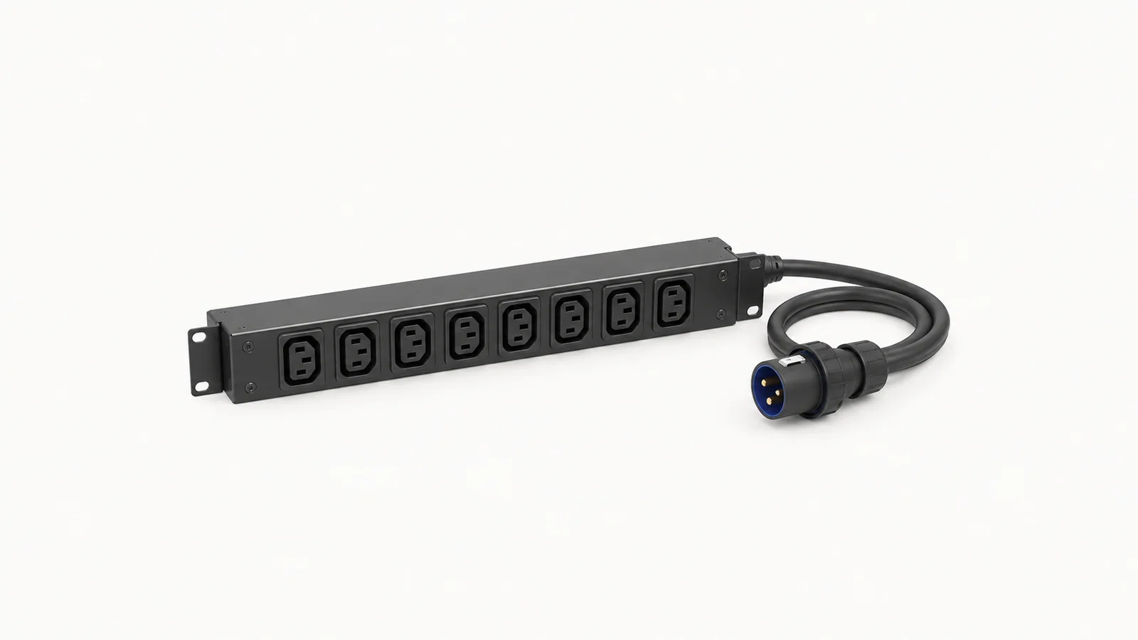 Isolated a power distribution strip with a locking plug centred on a seamless pale off-white studio background, generous empty margin on every side for overlaid branding