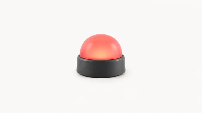 Isolated a desk-mounted room-occupancy indicator light in a small dome housing centred on a seamless pale off-white studio background, generous empty margin on every side for overlaid branding