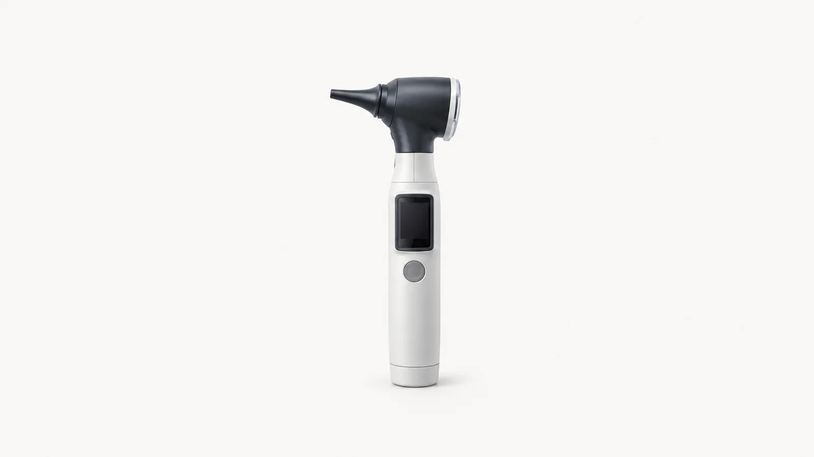 Isolated a handheld connected otoscope with a small screen on its grip centred on a seamless pale off-white studio background, generous empty margin on every side for overlaid branding