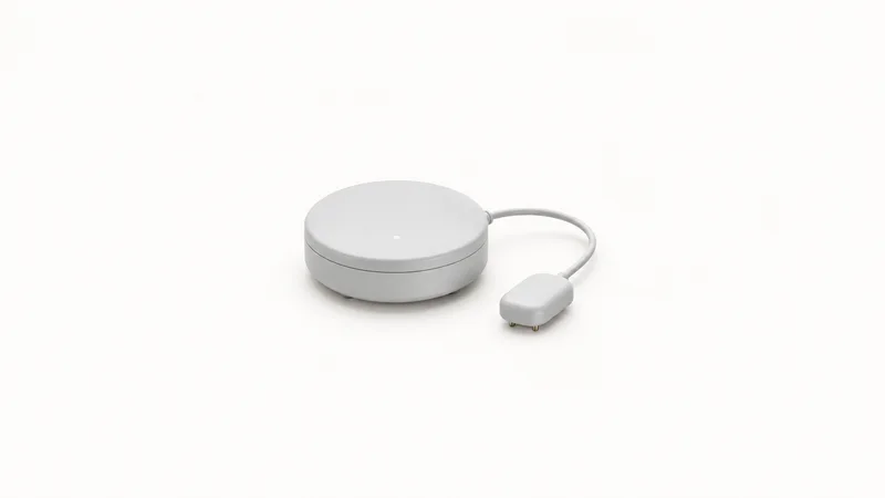 Isolated a smart water-leak detector puck with a small wired probe centred on a seamless pale off-white studio background, generous empty margin on every side for overlaid branding