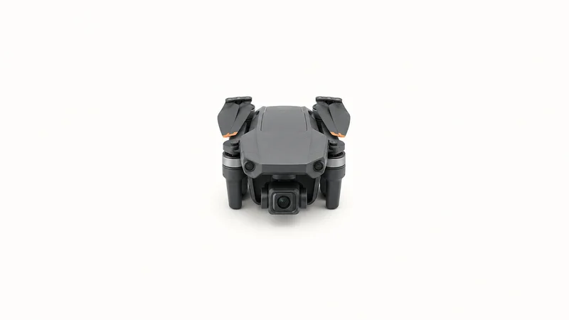 Isolated a compact drone with folded arms for roof inspection centred on a seamless pale off-white studio background, generous empty margin on every side for overlaid branding