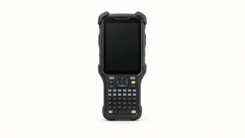 Isolated a rugged mobile computer with a physical keypad and blank screen centred on a seamless pale off-white studio background, generous empty margin on every side for overlaid branding
