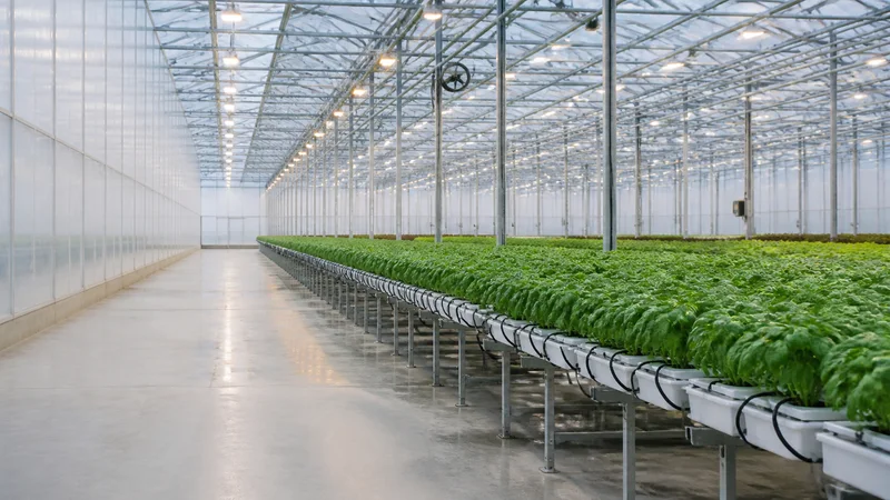 Wide interior view of a climate-controlled greenhouse row with no people, soft even indoor light, clean uncluttered foreground for text