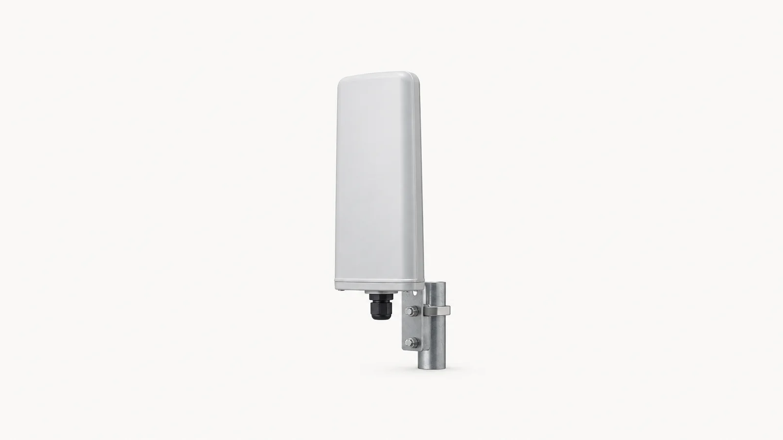 Isolated a weatherproof outdoor antenna on a short mounting bracket centred on a seamless pale off-white studio background, generous empty margin on every side for overlaid branding