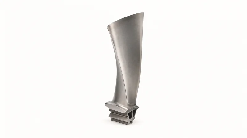 Isolated a hollow titanium fan blade with a swept leading edge centred on a seamless pale off-white studio background, generous empty margin on every side for overlaid branding