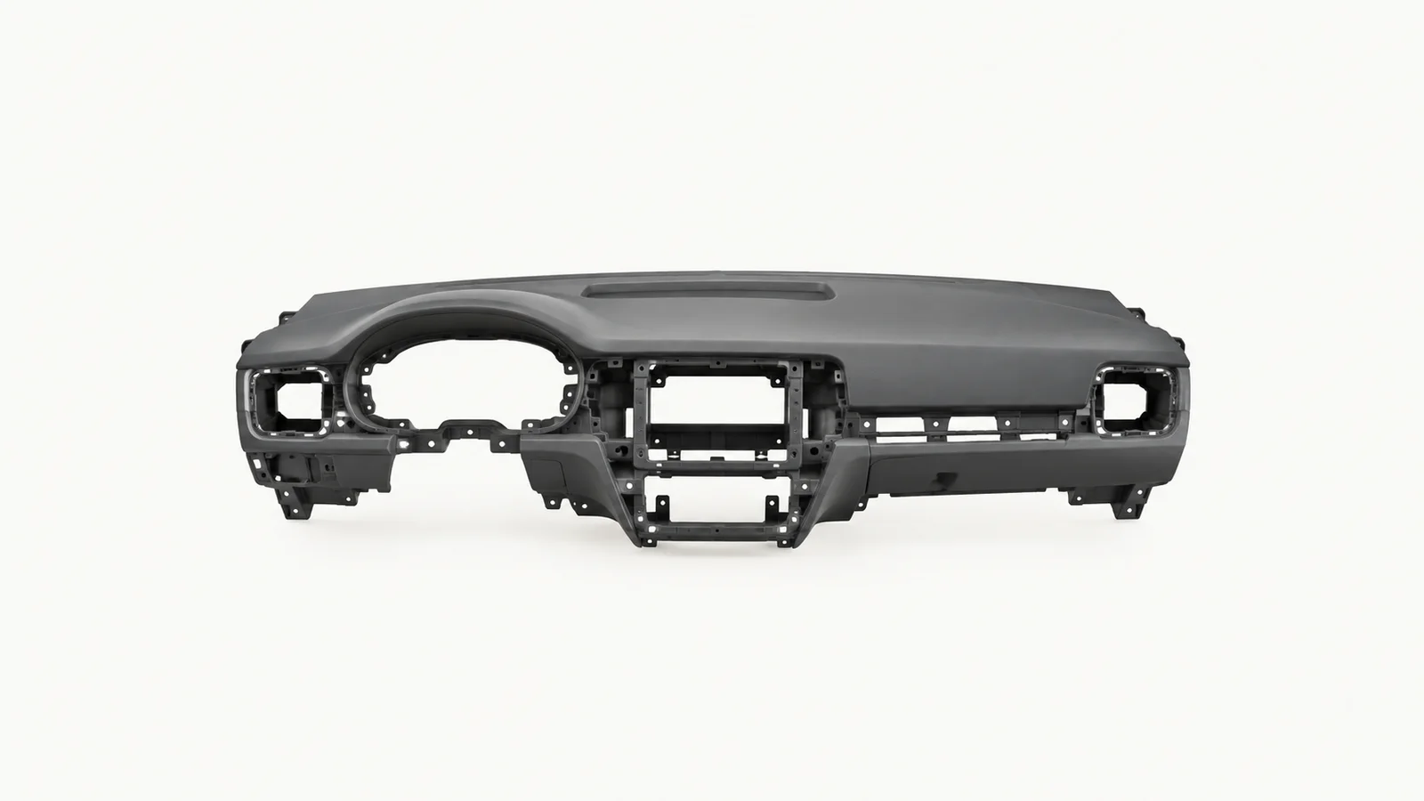 Isolated a moulded car dashboard substrate without trim centred on a seamless pale off-white studio background, generous empty margin on every side for overlaid branding