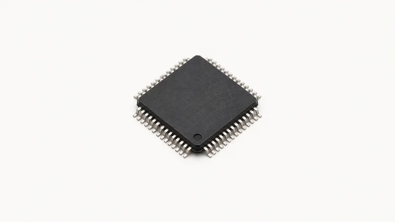 Isolated a surface-mount microcontroller chip with fine-pitch leads centred on a seamless pale off-white studio background, generous empty margin on every side for overlaid branding