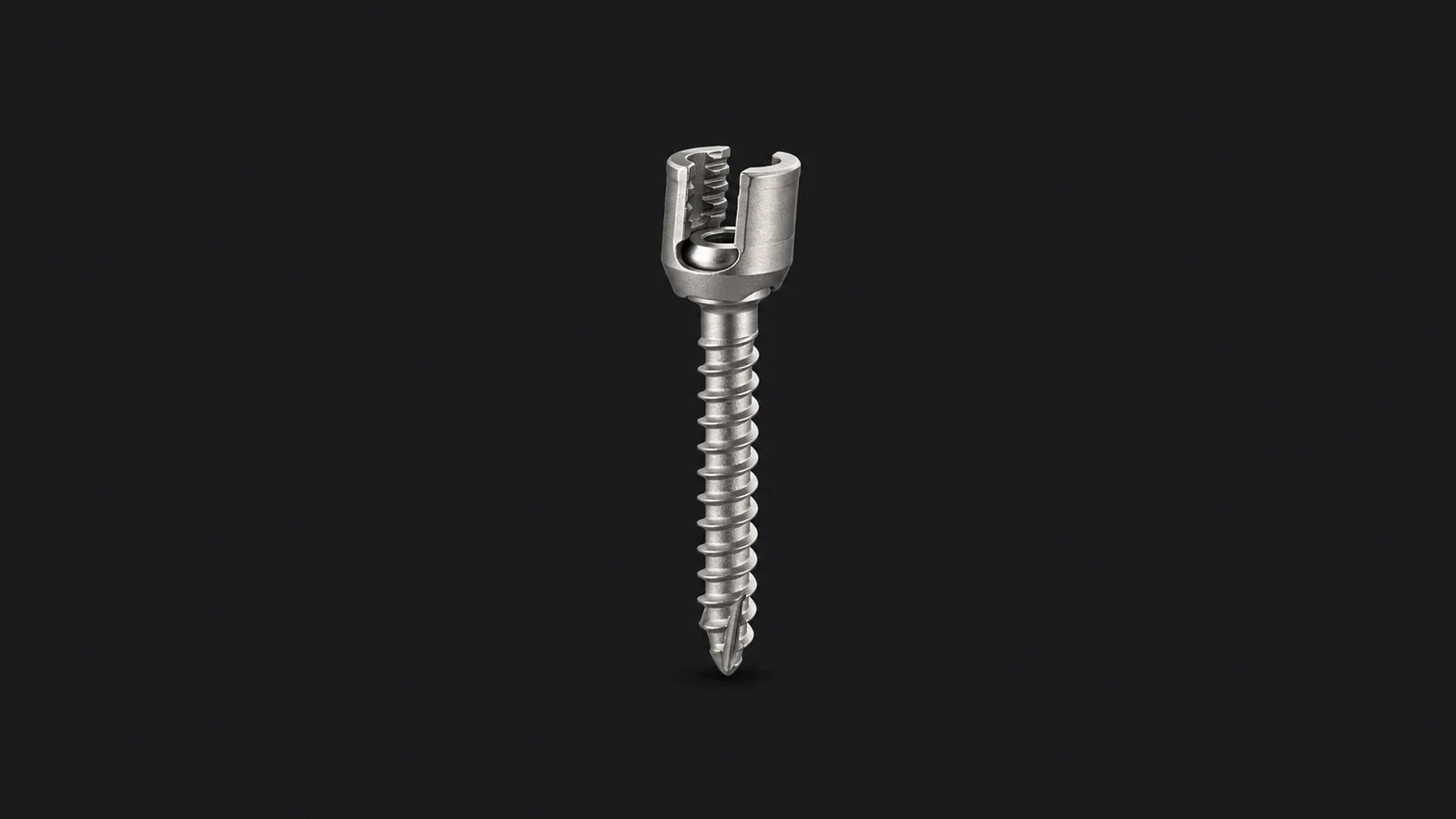 Isolated a titanium pedicle screw with a polyaxial head centred on a seamless deep charcoal near-black studio background, generous empty margin on every side for overlaid branding