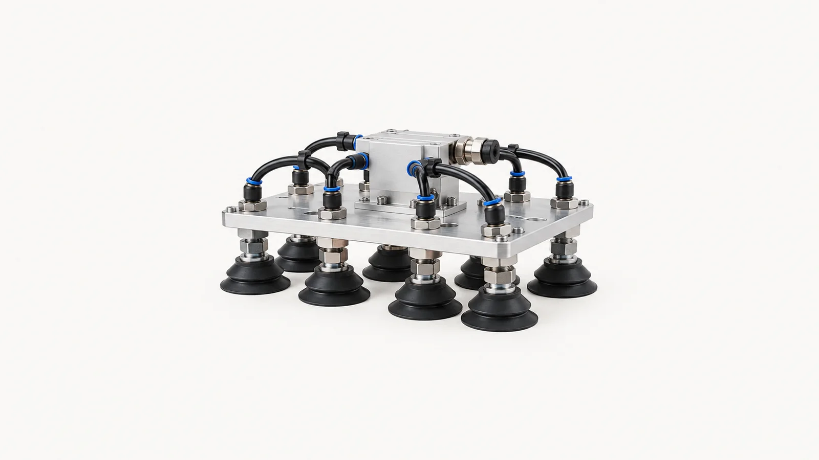 Isolated a suction-cup vacuum gripper array on an aluminium plate centred on a seamless pale off-white studio background, generous empty margin on every side for overlaid branding