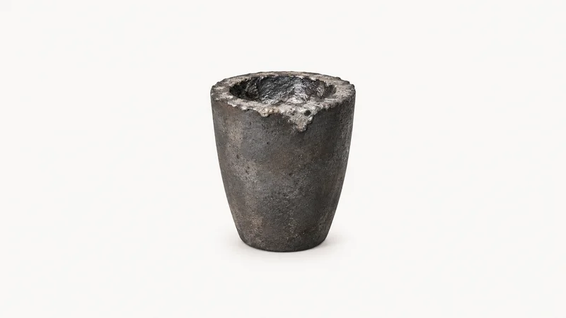 Isolated a graphite crucible with a metal crust centred on a seamless pale off-white studio background, generous empty margin on every side for overlaid branding