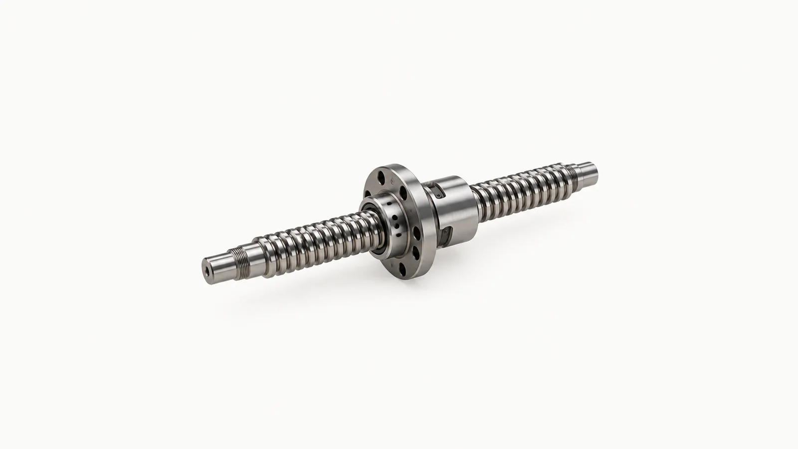 Isolated a machine-tool ballscrew with a flanged nut centred on a seamless pale off-white studio background, generous empty margin on every side for overlaid branding