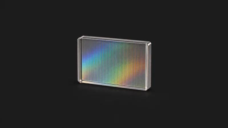 Isolated a diffraction grating with a ruled surface centred on a seamless deep charcoal near-black studio background, generous empty margin on every side for overlaid branding