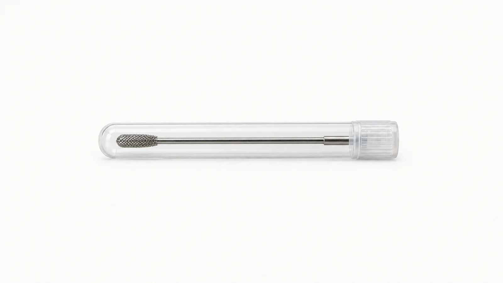 Isolated a stainless hygiene swab in a sealed transport tube centred on a seamless pale off-white studio background, generous empty margin on every side for overlaid branding