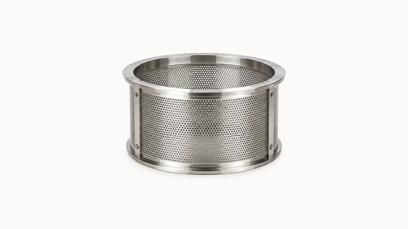 Isolated a stainless sieve screen from a granulator centred on a seamless pale off-white studio background, generous empty margin on every side for overlaid branding
