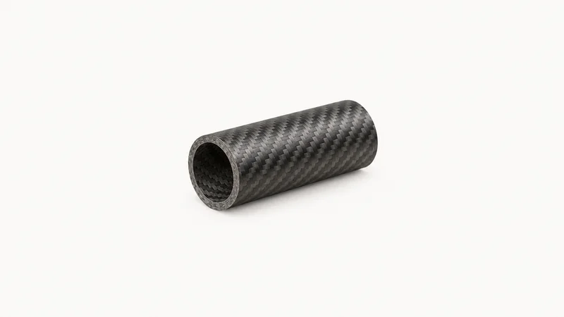 Isolated a carbon-fibre tube with a cut end showing plies centred on a seamless pale off-white studio background, generous empty margin on every side for overlaid branding