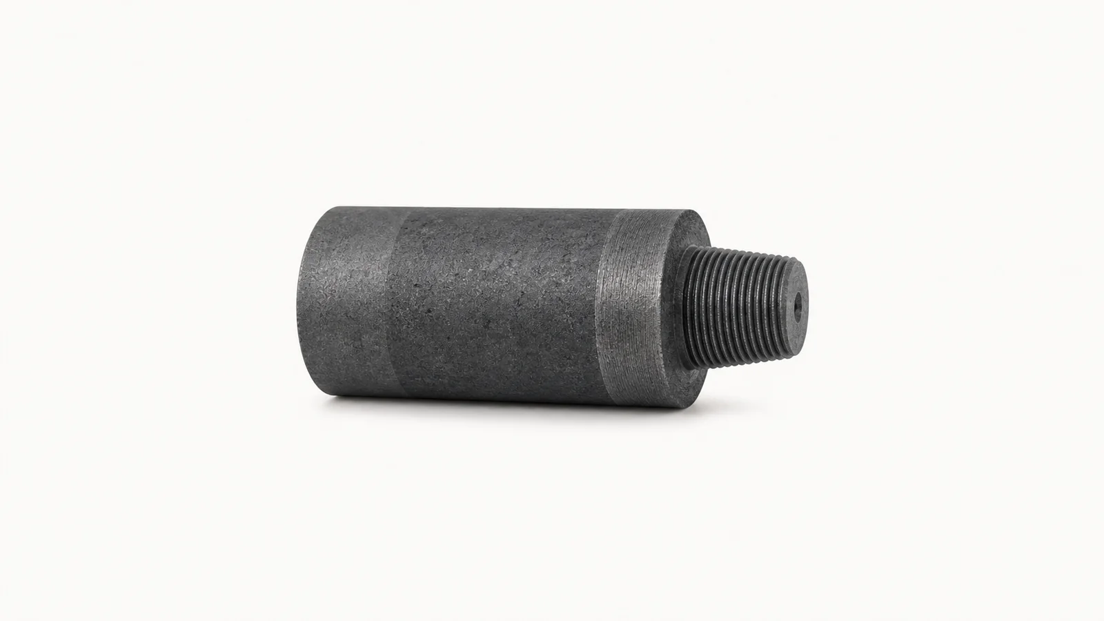 Isolated a graphite electrode segment with a threaded nipple centred on a seamless pale off-white studio background, generous empty margin on every side for overlaid branding