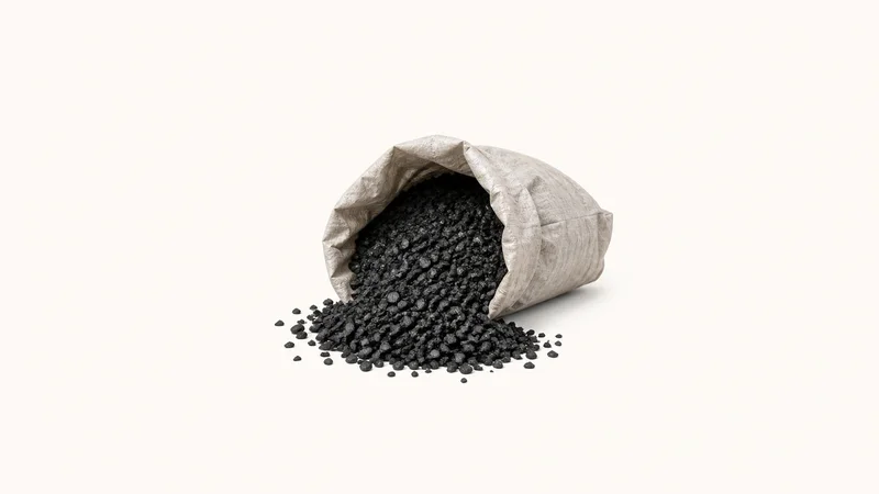 Isolated a bag of granular activated carbon spilling out centred on a seamless pale off-white studio background, generous empty margin on every side for overlaid branding