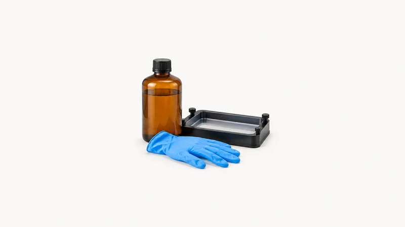 Isolated a bottle of amber photopolymer resin beside a nitrile-gloved empty vat centred on a seamless pale off-white studio background, generous empty margin on every side for overlaid branding