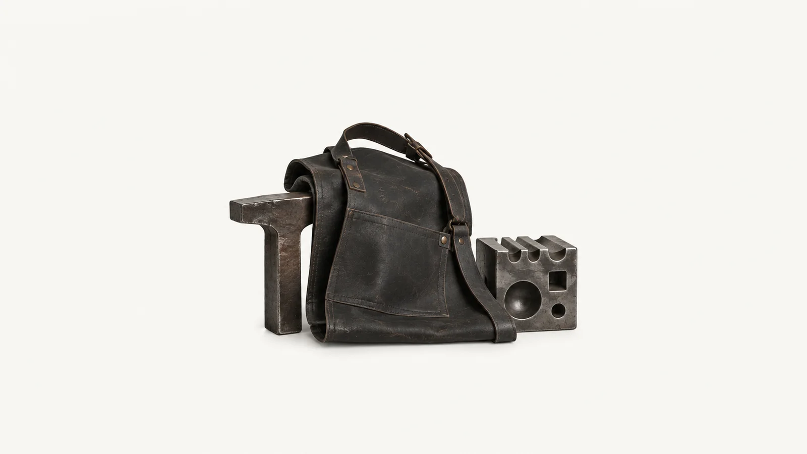 Isolated a leather blacksmith apron folded over a hardy tool and a swage block centred on a seamless pale off-white studio background, generous empty margin on every side for overlaid branding