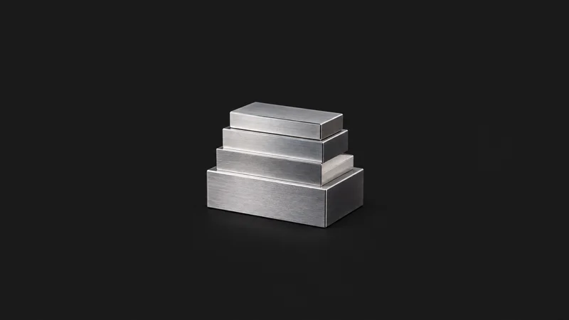 Isolated a set of steel gauge blocks wrung together into a stack centred on a seamless deep charcoal near-black studio background, generous empty margin on every side for overlaid branding