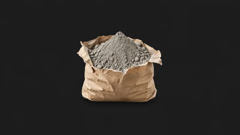 Isolated a bag-shaped heap of grey cement powder on a cracked open paper sack centred on a seamless deep charcoal near-black studio background, generous empty margin on every side for overlaid branding