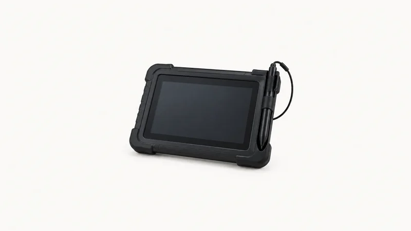 Isolated a black rubber-armoured signature-capture pad with a stylus centred on a seamless pale off-white studio background, generous empty margin on every side for overlaid branding