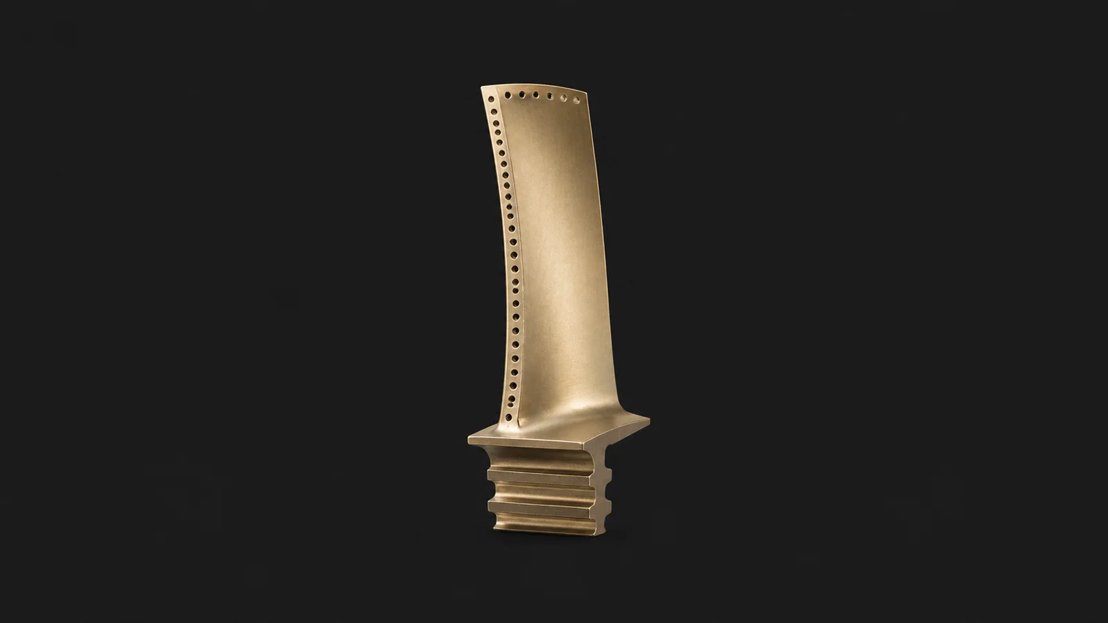 Isolated a brass gas-turbine blade with cooling holes along its edge centred on a seamless deep charcoal near-black studio background, generous empty margin on every side for overlaid branding