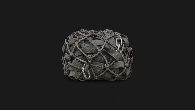 Isolated an aluminium aircraft ULD pallet net gathered into a bundle centred on a seamless deep charcoal near-black studio background, generous empty margin on every side for overlaid branding