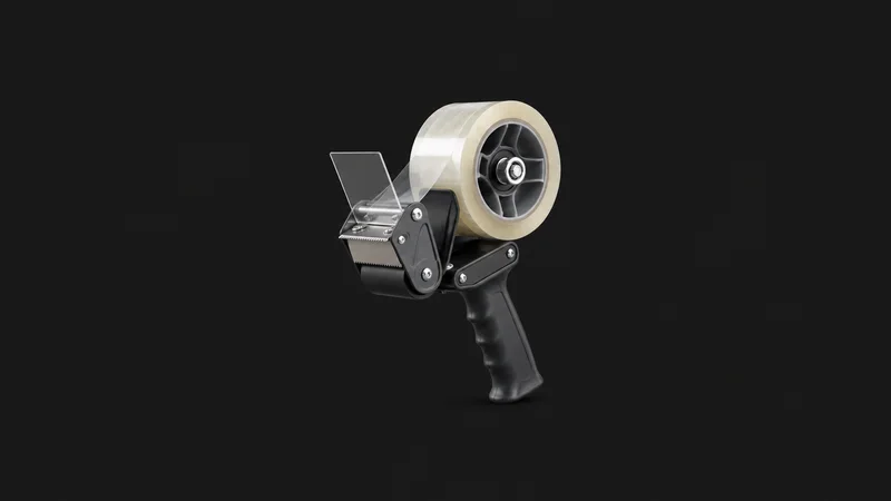 Isolated a hand-held tape gun loaded with clear packing tape centred on a seamless deep charcoal near-black studio background, generous empty margin on every side for overlaid branding