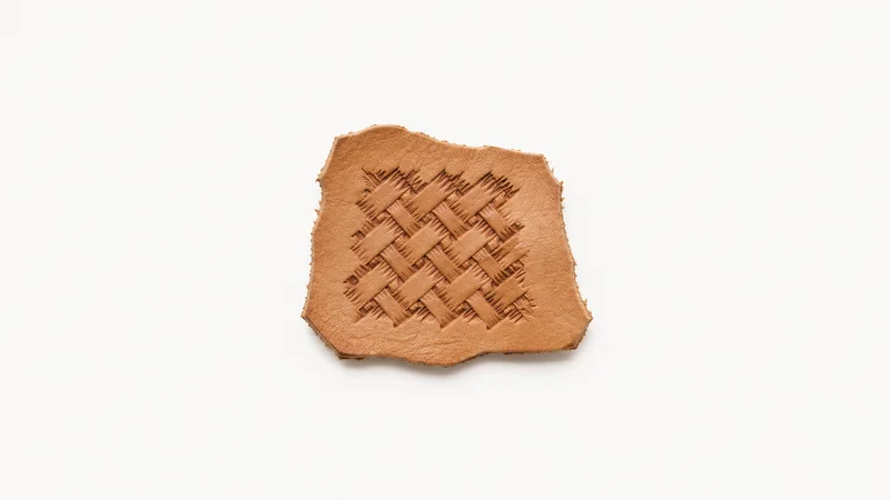 Isolated a scrap of hand-tooled leather showing a basketweave stamp impression centred on a seamless pale off-white studio background, generous empty margin on every side for overlaid branding