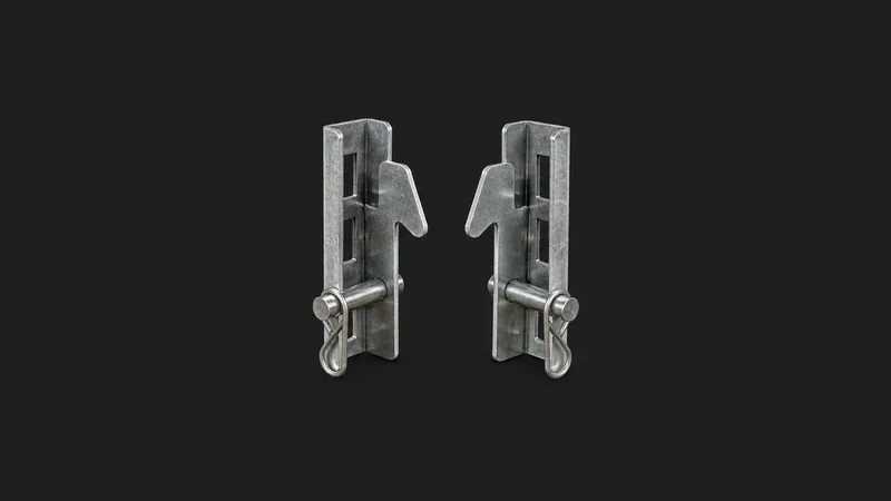 Isolated a pair of steel racking beam locks with safety pins centred on a seamless deep charcoal near-black studio background, generous empty margin on every side for overlaid branding