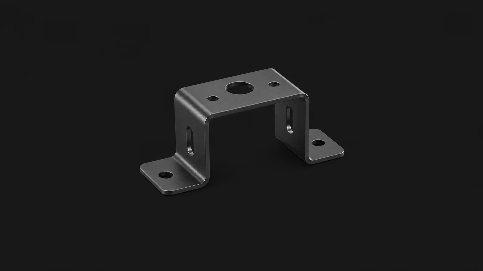 Isolated a stamped sheet-metal bracket with a powder-coated finish centred on a seamless deep charcoal near-black studio background, generous empty margin on every side for overlaid branding