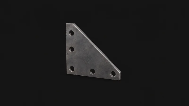Isolated a plasma-cut steel gusset plate with dross removed centred on a seamless deep charcoal near-black studio background, generous empty margin on every side for overlaid branding