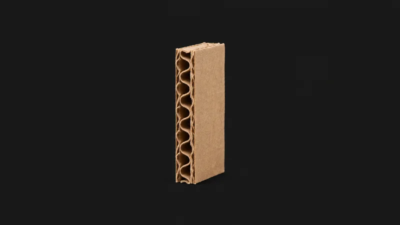 Isolated a corrugated board edge-crush test specimen centred on a seamless deep charcoal near-black studio background, generous empty margin on every side for overlaid branding
