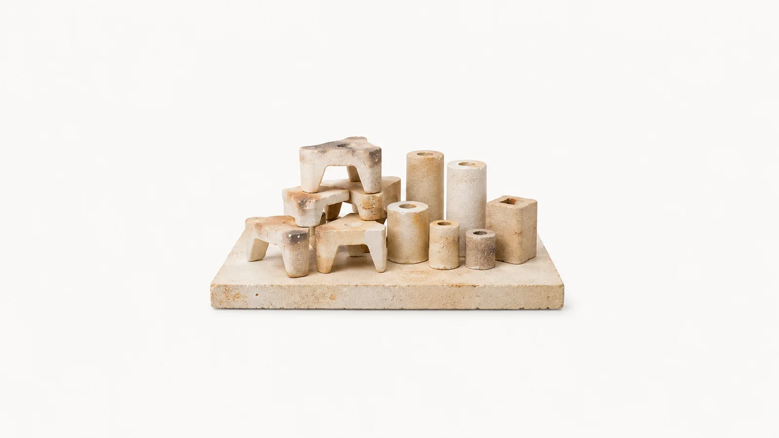 Isolated a kiln shelf stacked with ceramic stilts and props centred on a seamless pale off-white studio background, generous empty margin on every side for overlaid branding