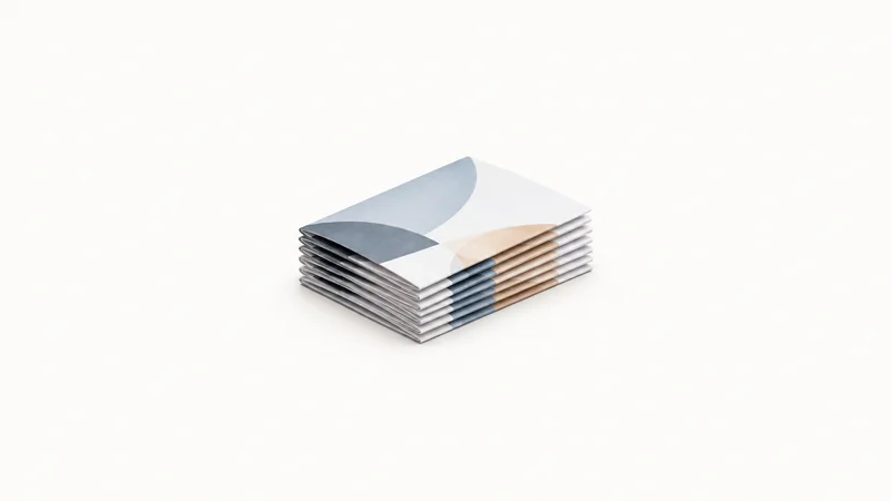 Isolated a trimmed stack of folded tri-fold leaflets centred on a seamless pale off-white studio background, generous empty margin on every side for overlaid branding
