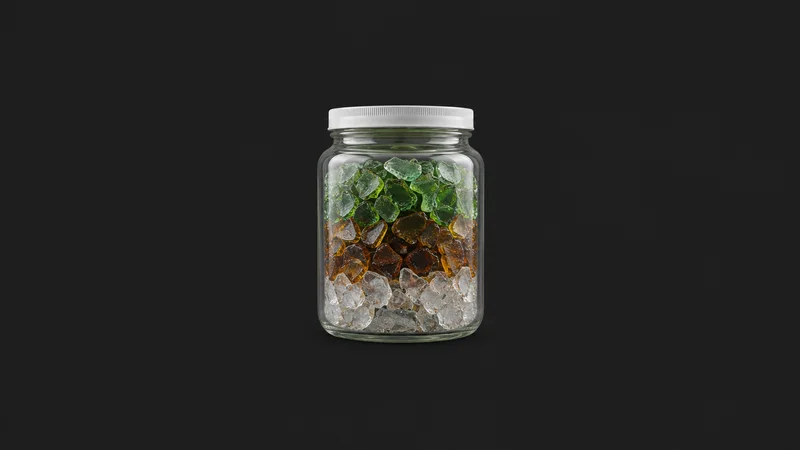 Isolated a sample jar of colour-sorted glass cullet centred on a seamless deep charcoal near-black studio background, generous empty margin on every side for overlaid branding