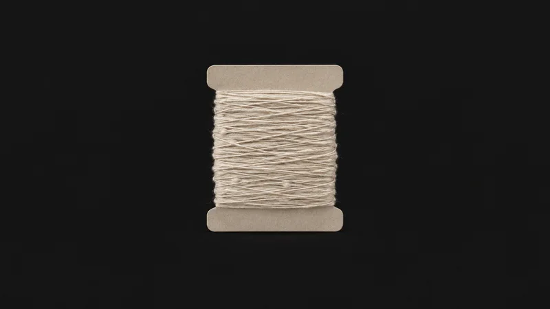 Isolated a card of undyed slubbed linen yarn centred on a seamless deep charcoal near-black studio background, generous empty margin on every side for overlaid branding
