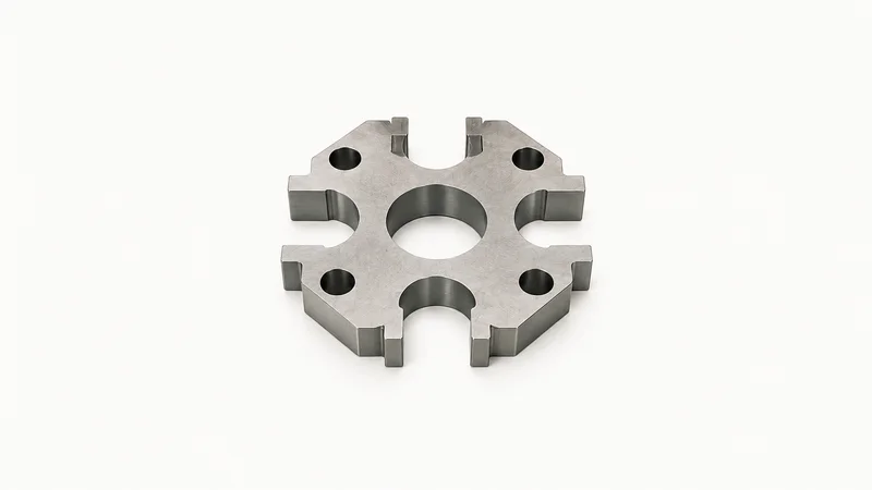 Isolated a wire-EDM cut steel profile with a burn-free edge centred on a seamless pale off-white studio background, generous empty margin on every side for overlaid branding