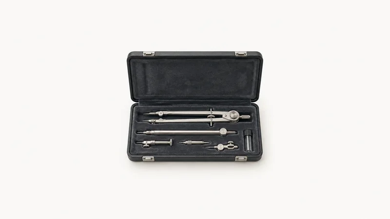 Isolated a set of drafting compasses in a lined case centred on a seamless pale off-white studio background, generous empty margin on every side for overlaid branding
