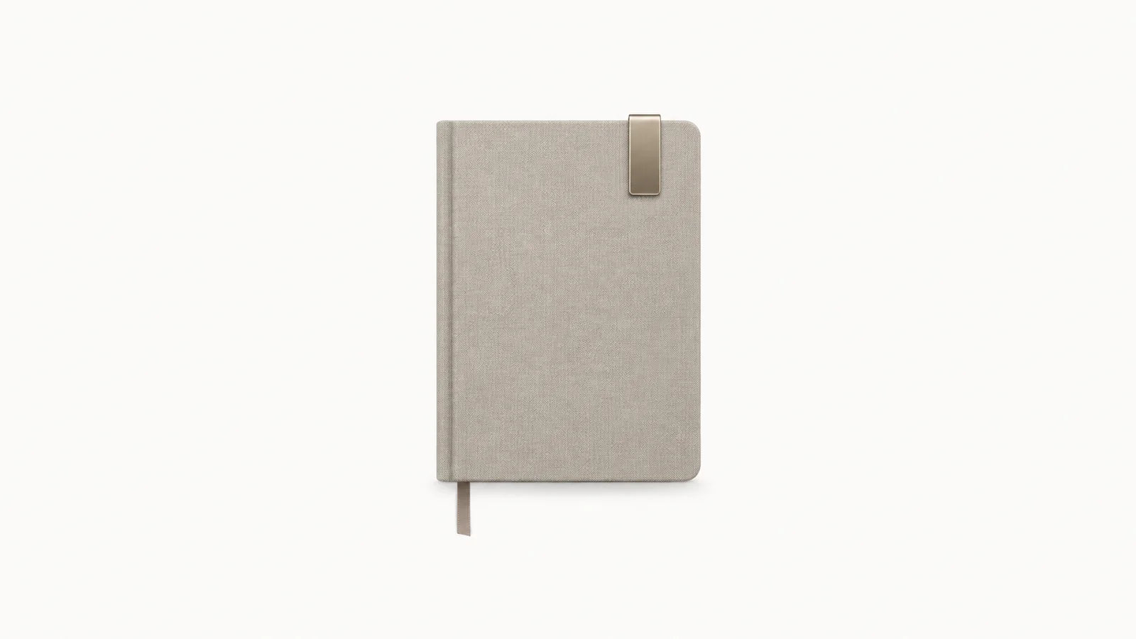 Isolated a clip-top conference notebook with a ribbon marker centred on a seamless pale off-white studio background, generous empty margin on every side for overlaid branding