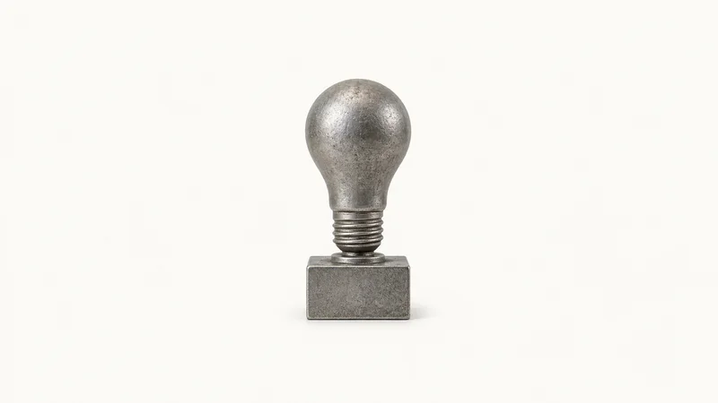Isolated a cast-metal figure of a lightbulb on a plinth centred on a seamless pale off-white studio background, generous empty margin on every side for overlaid branding