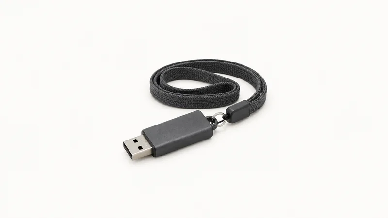 Isolated a bootable recovery drive on a coiled lanyard centred on a seamless pale off-white studio background, generous empty margin on every side for overlaid branding