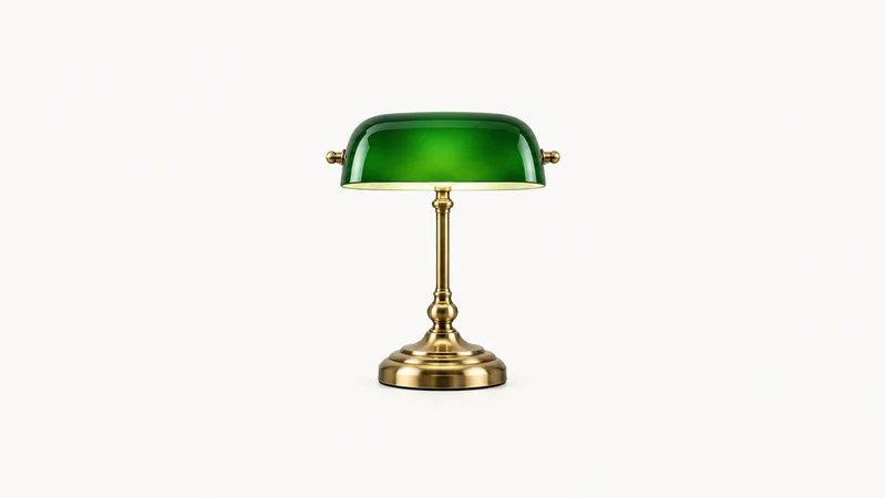 Isolated a green banker's lamp with a brass stem centred on a seamless pale off-white studio background, generous empty margin on every side for overlaid branding