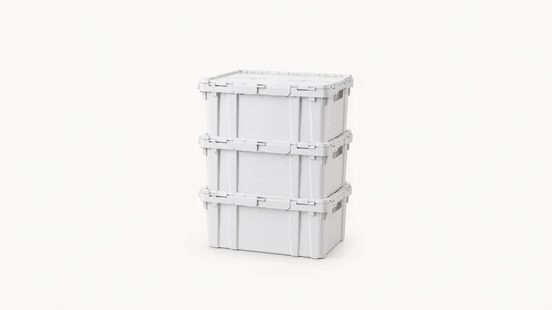 Isolated a stack of white plastic moving crates with hinged lids centred on a seamless pale off-white studio background, generous empty margin on every side for overlaid branding