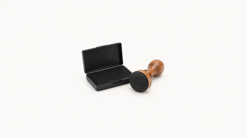 Isolated a black ink pad open beside a wooden-handled rubber stamp centred on a seamless pale off-white studio background, generous empty margin on every side for overlaid branding