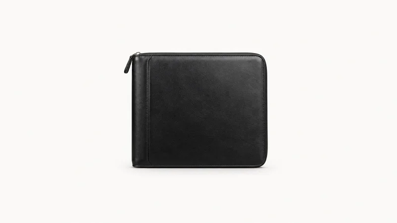 Isolated a black leather portfolio case with a zip closure centred on a seamless pale off-white studio background, generous empty margin on every side for overlaid branding