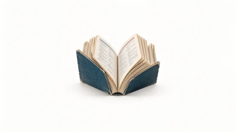 Isolated a pocket phrasebook with worn edges fanned open centred on a seamless pale off-white studio background, generous empty margin on every side for overlaid branding