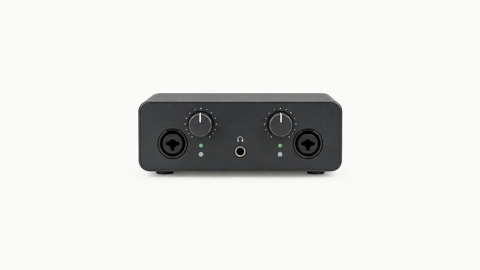 Isolated a compact audio interface with two gain knobs centred on a seamless pale off-white studio background, generous empty margin on every side for overlaid branding